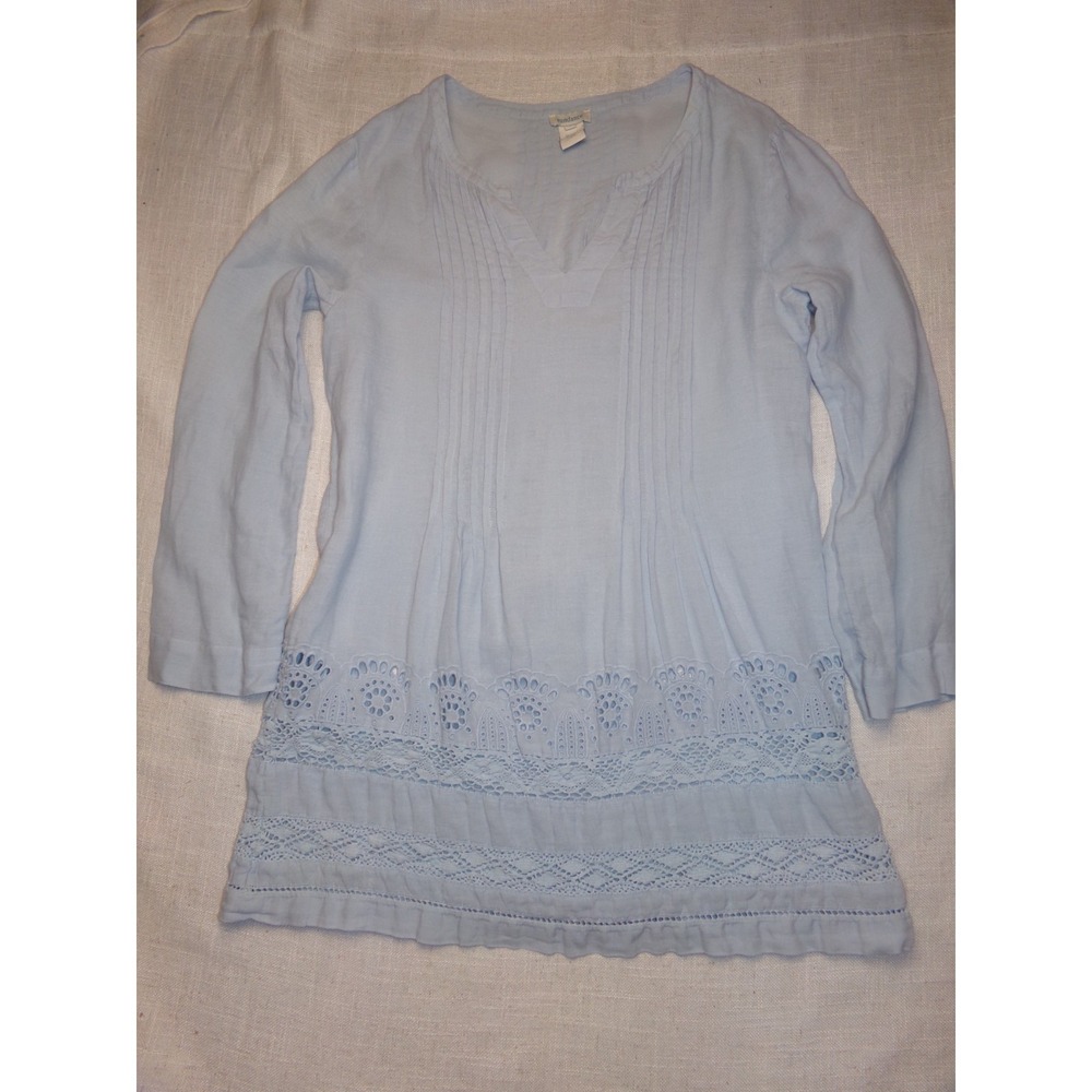 Sundance Tunic Shirt Women's S Light Blue Linen Coastal Eyelet Long Sleeve